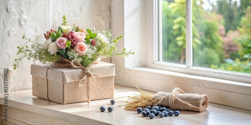 A delicate arrangement of roses and wildflowers sits atop a gift box, accompanied by blueberries and dried stalks near a sunlit window.