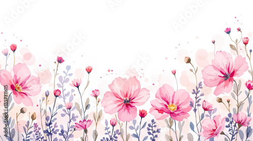 Watercolor seamless pattern pink wild flowers on the white background