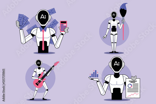 Four robots actively participating in different pursuits, including finance, art, music, and analytics