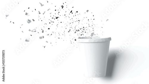 The image shows a white cylindrical container on a white background.  Small, dark-grey particles are erupting or exploding from the top of the container. The particles are irregularly shaped and