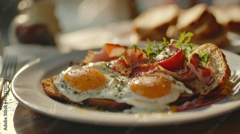 A delectable breakfast plate featuring fried eggs, bacon, toast, and a garnish of fresh greens, perfect for a satisfying morning meal. A delectable breakfast plate featuring fried eggs, bacon, toast, and a garnish of fresh greens, perfect for a satisfying morning meal.