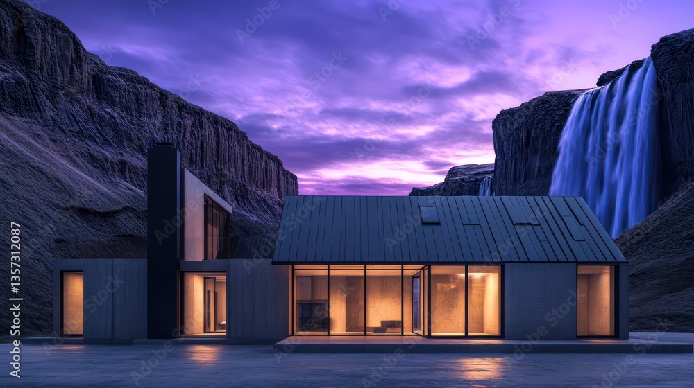 Fototapeta premium A contemporary residence with a dark, metallic gable roof, large square windows, and a neutral concrete facade
