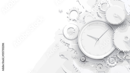 High-angle, close-up view of a white analog clock surrounded by various smaller white gears and cogs on a white background. The image is monochromatic, with a minimalist aesthetic. The clock face