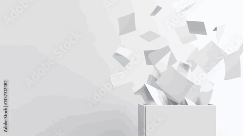 The image shows a minimalist composition featuring a white box with numerous white square papers exploding or bursting outwards.  The papers are various sizes and appear to be floating in mid-air