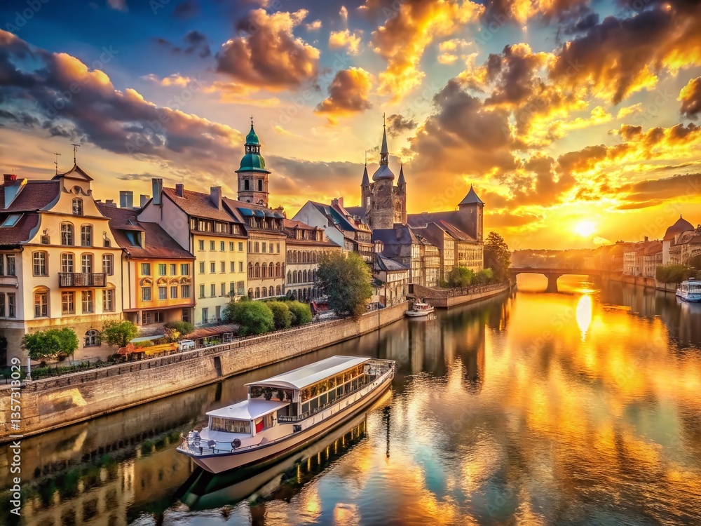 Fototapeta premium Panoramic View of Ancient Cityscape with Riverboat at Sunset