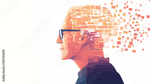 A profile view of an older person's head, depicted in warm orange hues.  The head is partially composed of and overlaid with small, square pixelated elements, suggestive of digital data or