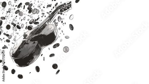The image is a monochrome illustration depicting a violin in the process of disintegration.  The violin is centrally located but oriented at an angle, appearing to be breaking apart into numerous