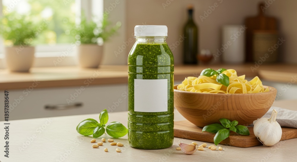 Pesto Sauce in Bottle with Pasta and Basil for Homemade Meal Pesto Sauce in Bottle with Pasta and Basil for Homemade Meal