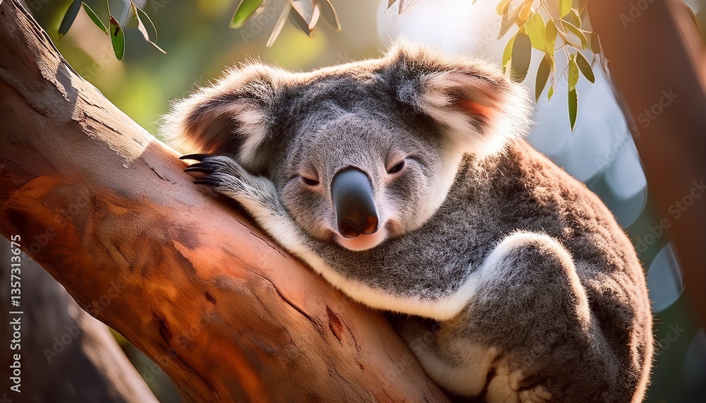 Fototapeta premium a sleepy koala resting in the branches of a eucalyptus tree with soft sunlight filtering through the leaves