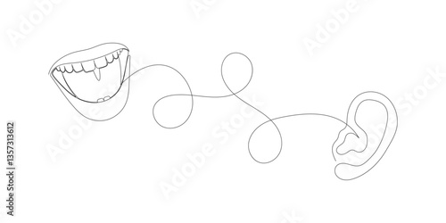 Continuous one line drawing of mouth that speaks into the ear. Concept of secrets and gossip or news and propaganda. Vector.