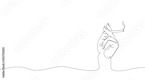 Continuous one line drawing hand holding a cigarette with cigarette smoke. Vector.