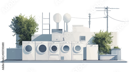 The image presents a stylized architectural model or illustration. The scene depicts a row of white and light gray washing machines situated on a rooftop.  Green plants and trees are integrated