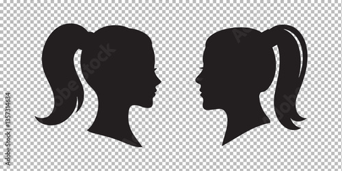 silhouette profiles, two women, ponytails, side view, black and white, contrasting shapes, minimalist design, symmetrical composition, graphic style, clean lines, simple shapes, vector art