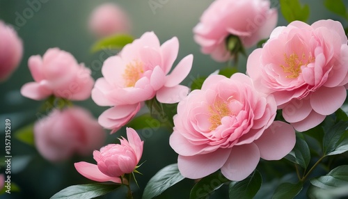 beautiful pink flowers with delicate petals and green leaves