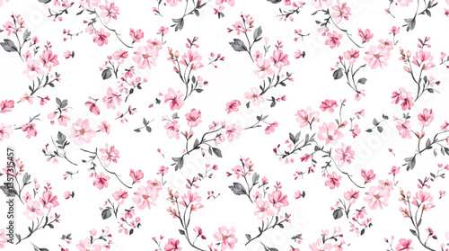Watercolor seamless pattern pink wild flowers on the white background