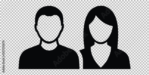 Minimalist portraits, black silhouettes, male and female figures, side by side, simple geometric shapes, head and shoulders view, stark contrast, transparent background, vector graphic style,