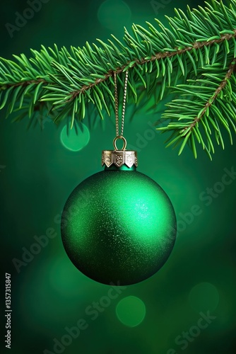 Shiny green bauble hanging from pine tree branch against blurry green background Festive decoration