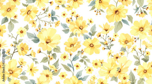 Watercolor seamless pattern yellow flowers on the white background
