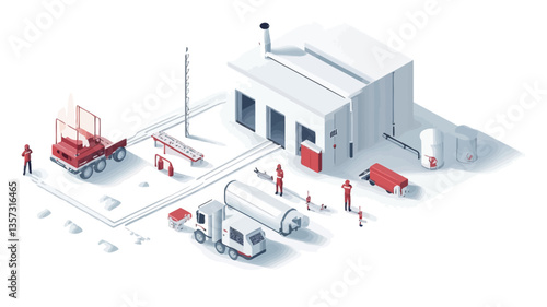 The image is an isometric illustration depicting an industrial facility. The illustration is rendered in a simplified style with a predominantly white background and accents of red.  It features a