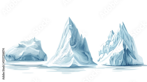 A digital painting depicting three icebergs of varying sizes and shapes against a white background.  The icebergs are rendered with a watercolor-like style, showing variations in shades of blue and