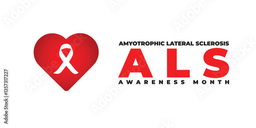 Als awareness month. Vector banner for social media, card, poster. Illustration with text ALS awareness month, amyotrophic lateral sclerosis. Red striped ribbon on a white and red background	