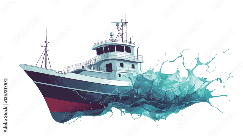A stylized illustration of a fishing boat or trawler cutting through ocean waves. The boat is depicted in shades of blue, white, and red. The waves are rendered in shades of turquoise and white, A stylized illustration of a fishing boat or trawler cutting through ocean waves. The boat is depicted in shades of blue, white, and red. The waves are rendered in shades of turquoise and white,