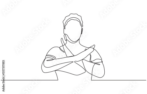 Woman crossing arms and saying no gesture Person making stop sign with hands, Single continuous line drawing young woman crossing arms and saying no gesture person making X shape.