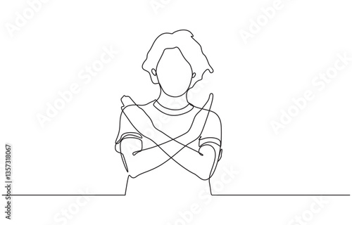 Woman crossing arms and saying no gesture Person making stop sign with hands, Single continuous line drawing young woman crossing arms and saying no gesture person making X shape.