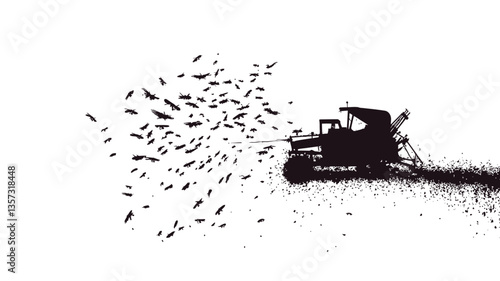 The image is a monochrome, vector-style illustration depicting the silhouette of a vintage car moving across a flat surface.  A large swarm or flock of birds, also in silhouette, appears to be