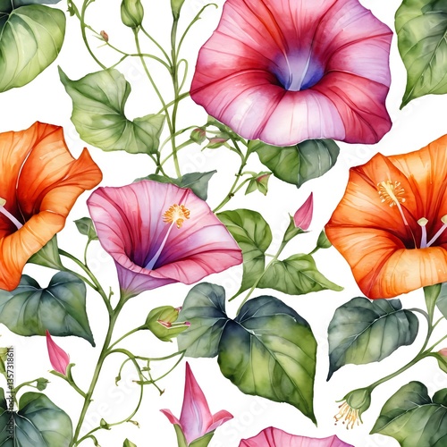 Wallpaper Mural Watercolor Seamless Pattern of Vibrant Morning Glories Torontodigital.ca