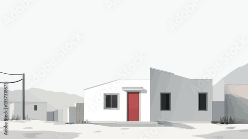 The image is a digital rendering depicting a row of simple, minimalist houses.  The style is predominantly monochrome, with the exception of a single red door on a white house, which serves as a