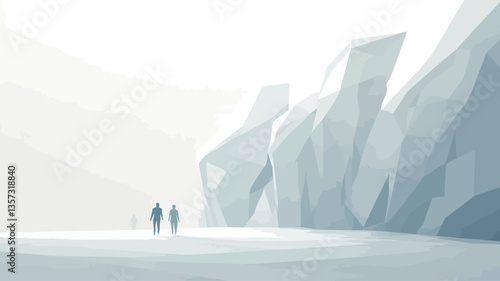 The image is a digital painting or rendering depicting a minimalist landscape.  The color palette is primarily composed of muted blues, whites, and grays. Two indistinct, dark figures are depicted