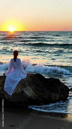 Serene Woman Sitting on a Rock by the Ocean, Contemplative and Peaceful