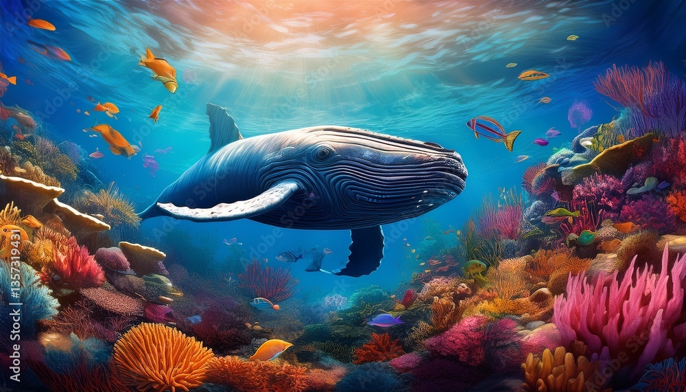 Fototapeta premium vibrant underwater scene showcasing diverse marine life colorful coral reefs a swimming whale and various fish in a beautiful aquatic ecosystem