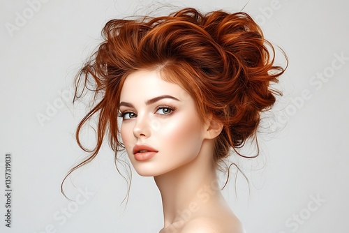 Serene garden event featuring an elegant woman with chestnut brown hair in updo