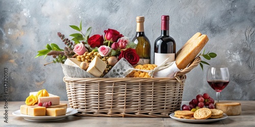 A delightful wicker basket brimming with assorted cheeses, gourmet crackers, a bouquet of vibrant roses, and bottles of fine wine, all presented as a thoughtful gift