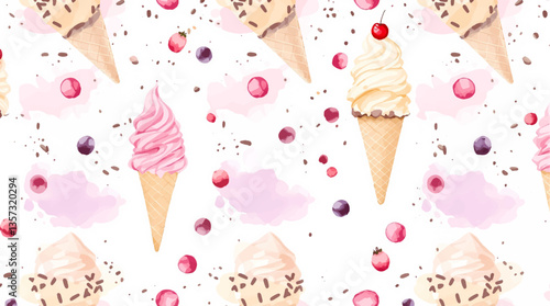 Watercolor pattern ice cream white background vector	