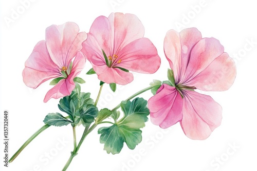 Pink Geranium Watercolor Botanical Illustration - Delicate pink geraniums, lush green leaves, vibrant colors, nature's beauty, floral art. Symbolizing: purity, love, remembrance, peace, new beginnings