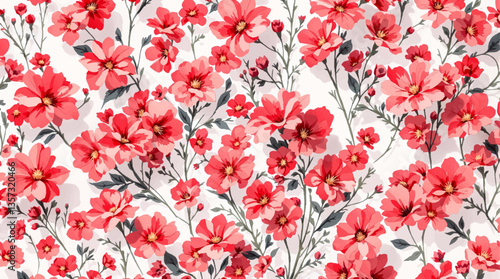 Watercolor seamless pattern red flowers on the white background
