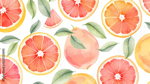 Citrus watercolor Pattern with Oranges and Leaves on White Background	