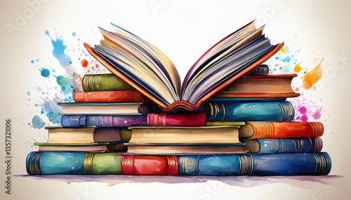 pile of books with one book open on a white isolated background generative ai