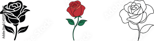 Three Rose Variations Black, Red, Outline Flower Designs