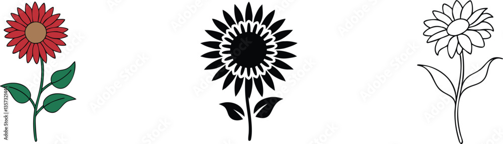 Floral Designs Red, Black, and Outline Sunflower Illustrations Floral Designs Red, Black, and Outline Sunflower Illustrations
