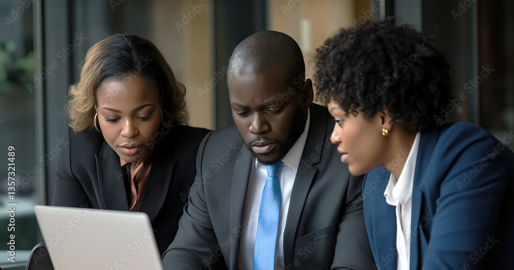 Three business professionals collaborate on laptop in office setting focused and determined Three business professionals collaborate on laptop in office setting focused and determined