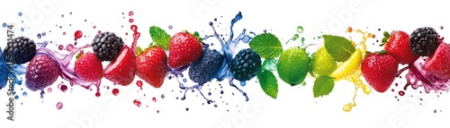 Rainbow fruit splash; berries, citrus; healthy food; white background; recipe website