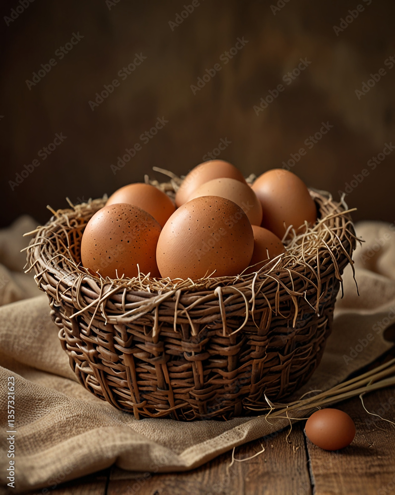 Egg basket. A basket filled with fresh brown eggs on a straw bed. Farm eggs. Egg basket. A basket filled with fresh brown eggs on a straw bed. Farm eggs.