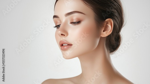 Portrait of woman with flawless skin and soft makeup beauty skincare promotion
