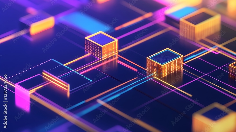 Abstract digital landscape with glowing geometric shapes and vibrant color in a tech-inspired design Abstract digital landscape with glowing geometric shapes and vibrant color in a tech-inspired design