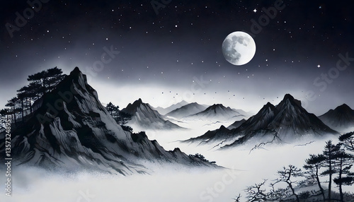 Dramatic Black and White Mountain Landscape at Night


