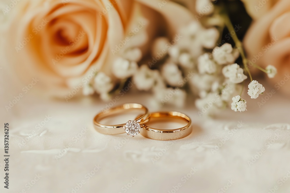Wedding Rings with Roses and Baby's Breath on Embroidered Fabric Wedding Rings with Roses and Baby's Breath on Embroidered Fabric
